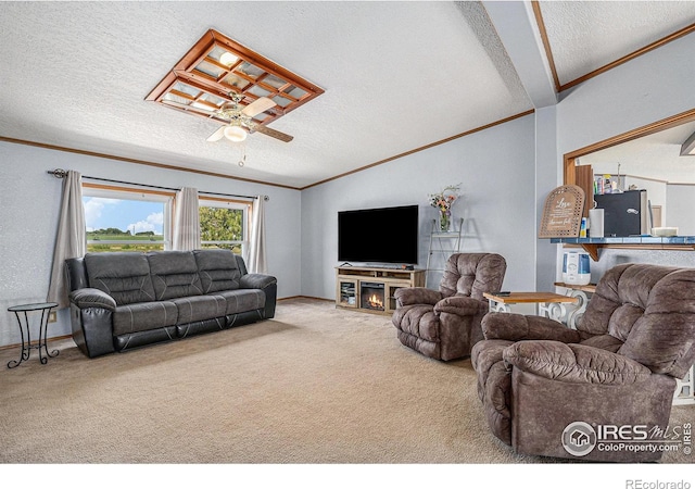 carpeted living room with a textured ceiling, ceiling fan, crown molding, and lofted ceiling