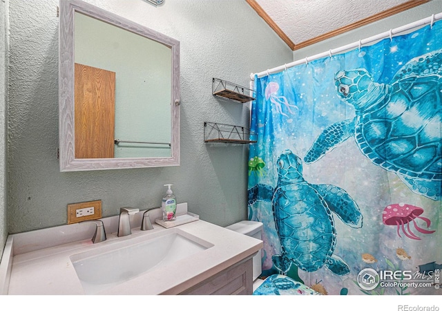 bathroom with vanity, vaulted ceiling, toilet, ornamental molding, and a textured ceiling