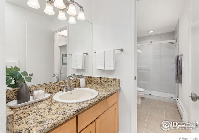 bathroom featuring vanity, walk in shower, toilet, and baseboard heating