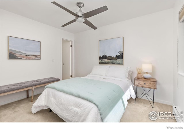 bedroom with light carpet and ceiling fan