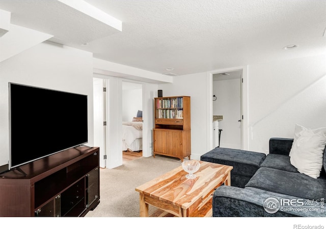 carpeted living room with a textured ceiling