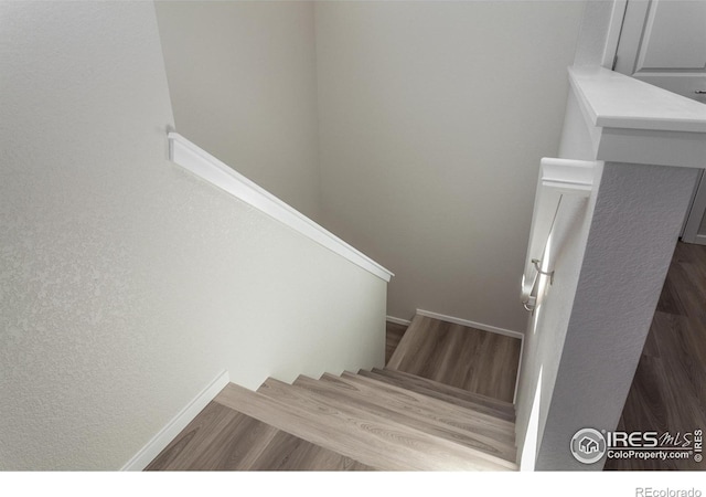 stairway featuring hardwood / wood-style flooring