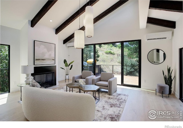 living room with an AC wall unit, high vaulted ceiling, beam ceiling, and light wood-type flooring