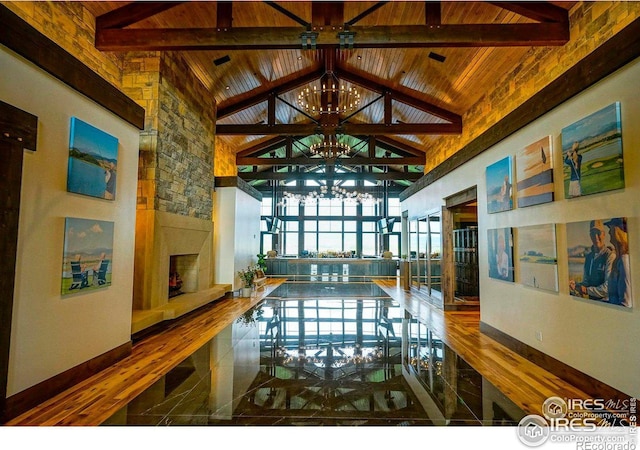 view of pool with a chandelier