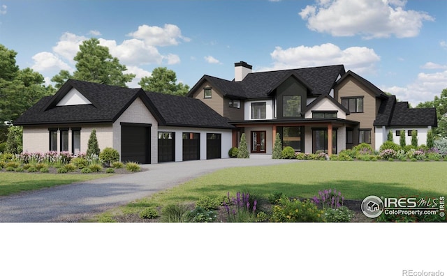 3379 Danzante Bay Ct, Berthoud, CO 80513 - view of front facade featuring an attached garage, a front lawn, gravel driveway, a chimney, and a shingled roof