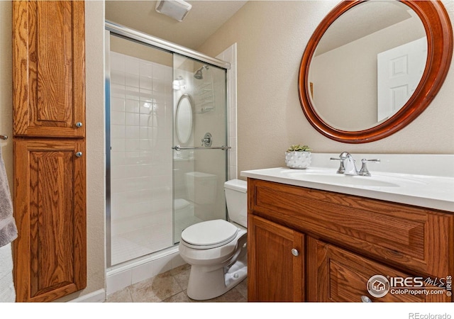 bathroom with tile patterned flooring, vanity, toilet, and a shower with door