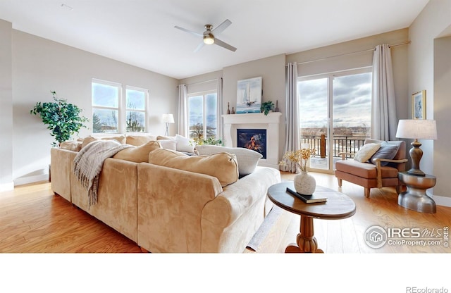 living room with light wood-type flooring, plenty of natural light, and ceiling fan