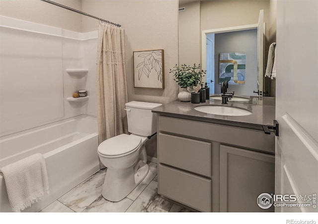 full bathroom featuring toilet, vanity, and shower / tub combo with curtain