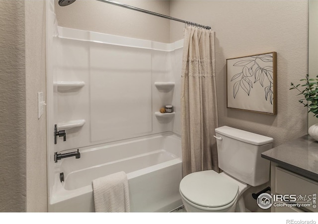 full bathroom with toilet, vanity, and shower / bathtub combination with curtain