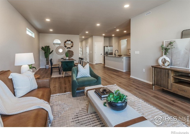 living room featuring hardwood / wood-style flooring and sink