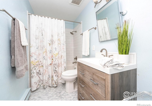 full bathroom with shower / tub combo, toilet, vanity, and a baseboard heating unit