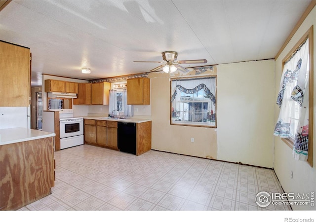 kitchen featuring white electric range oven, ceiling fan, sink, and black dishwasher