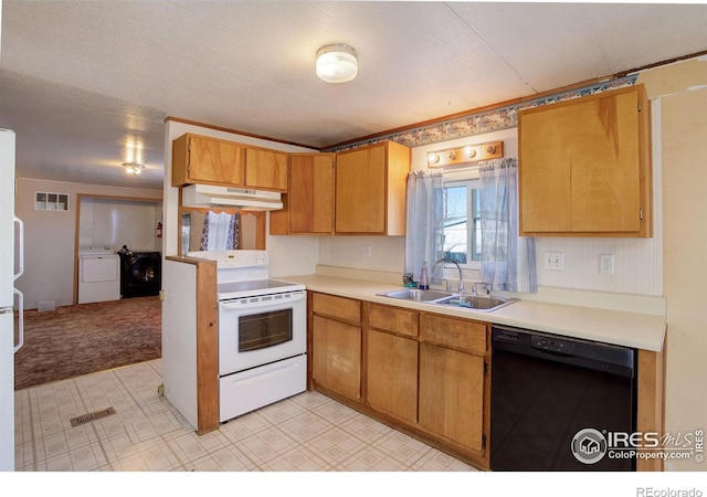 kitchen with sink, white electric range oven, black dishwasher, light colored carpet, and washer and clothes dryer