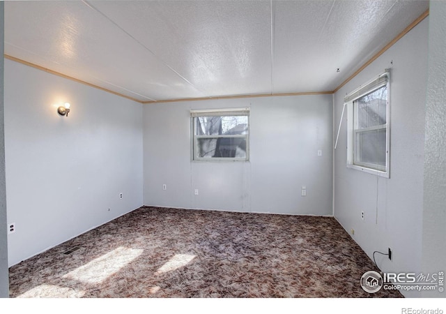 empty room featuring carpet, a textured ceiling, and ornamental molding