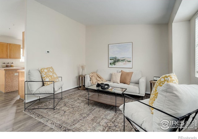 living room featuring light hardwood / wood-style floors, vaulted ceiling, and a wealth of natural light