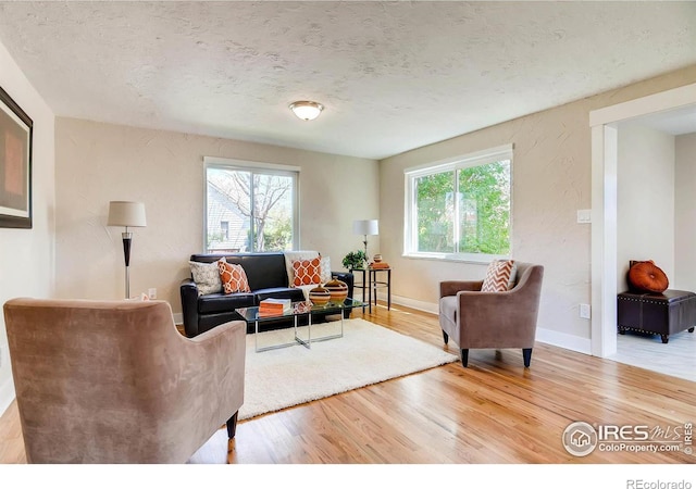 living room with a healthy amount of sunlight, hardwood / wood-style floors, and a textured ceiling