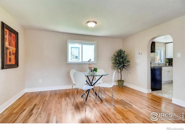 dining area featuring sink and light hardwood / wood-style floors