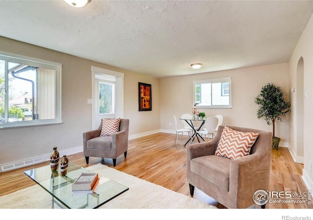 living room with light hardwood / wood-style flooring and a textured ceiling