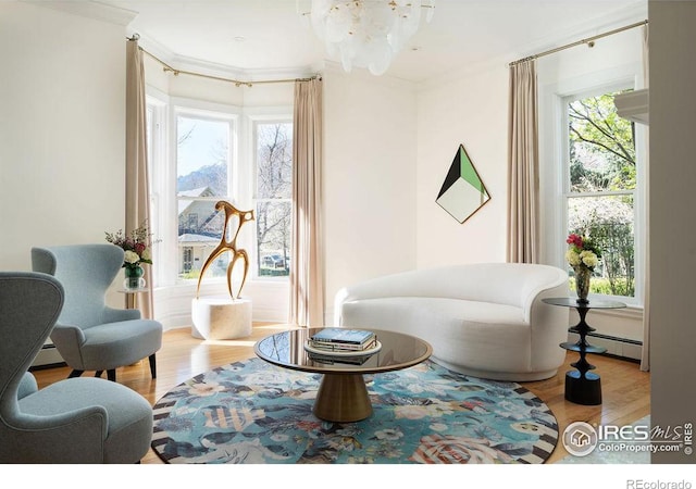 sitting room with plenty of natural light, ornamental molding, and light hardwood / wood-style flooring