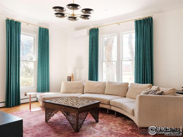 living room featuring a healthy amount of sunlight, hardwood / wood-style flooring, a wall mounted AC, and crown molding