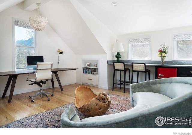 office space featuring built in features, a healthy amount of sunlight, and light wood-type flooring