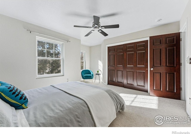 carpeted bedroom with ceiling fan and a closet