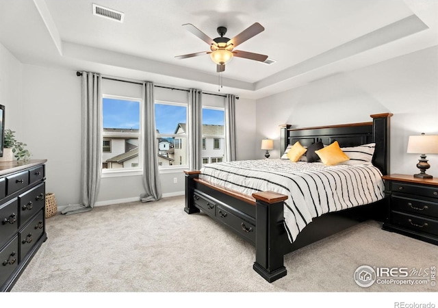 carpeted bedroom featuring a raised ceiling and ceiling fan