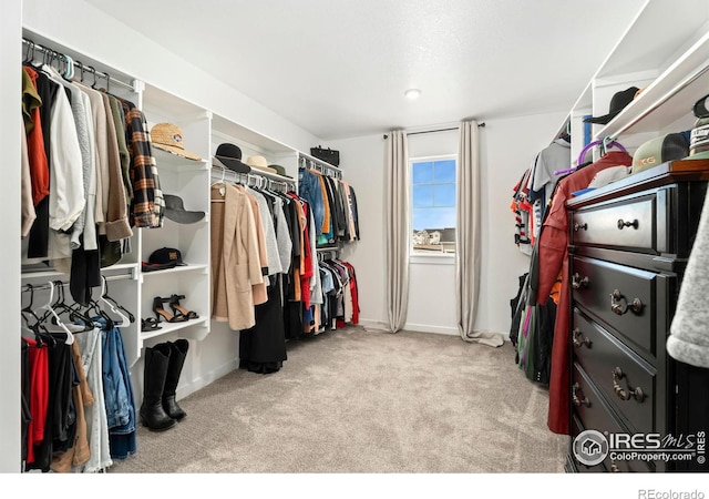 walk in closet with light colored carpet