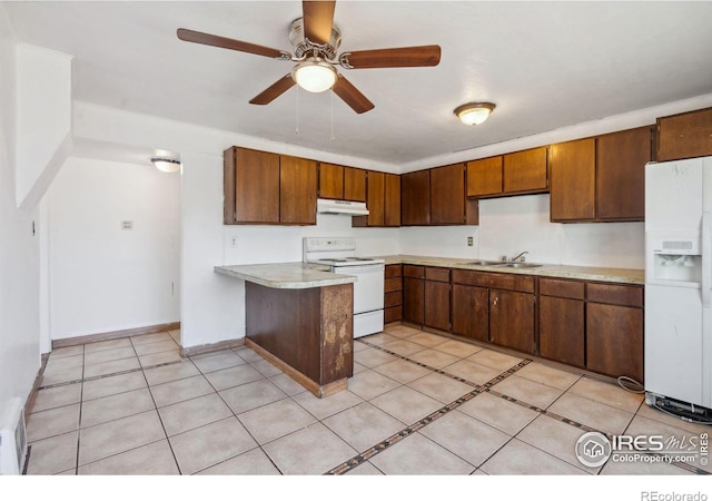 kitchen with white appliances, kitchen peninsula, ceiling fan, sink, and light tile patterned flooring