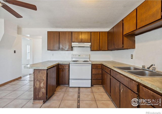 kitchen featuring sink, kitchen peninsula, light tile patterned flooring, and white range with electric stovetop