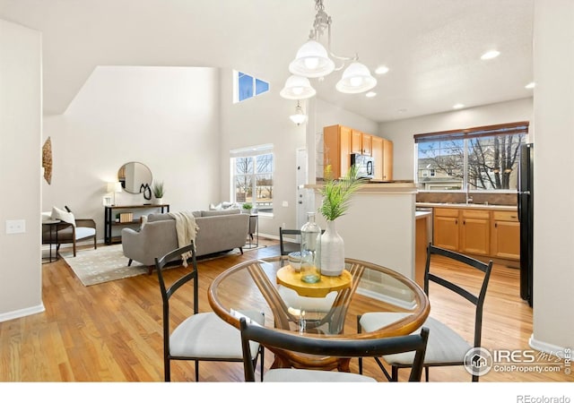 dining room with light hardwood / wood-style flooring, a healthy amount of sunlight, and sink