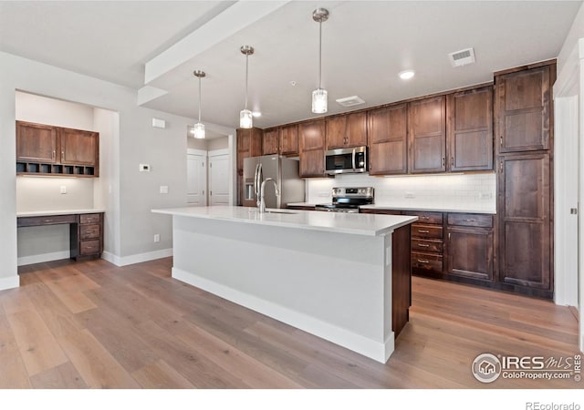 kitchen featuring pendant lighting, stainless steel appliances, an island with sink, light hardwood / wood-style floors, and decorative backsplash