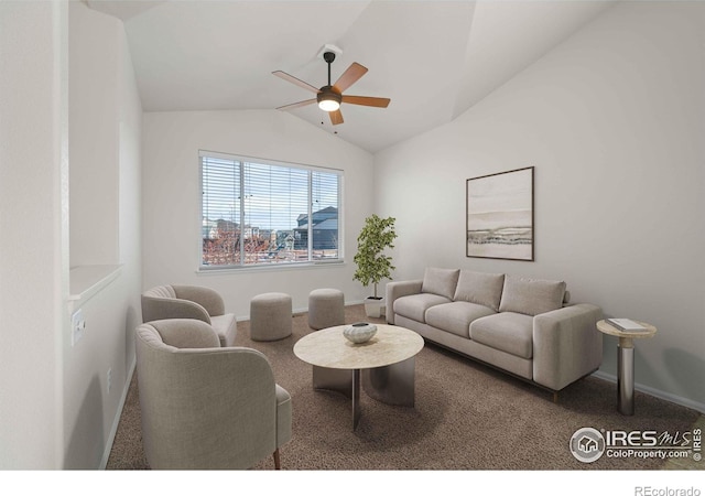 carpeted living room with lofted ceiling and ceiling fan