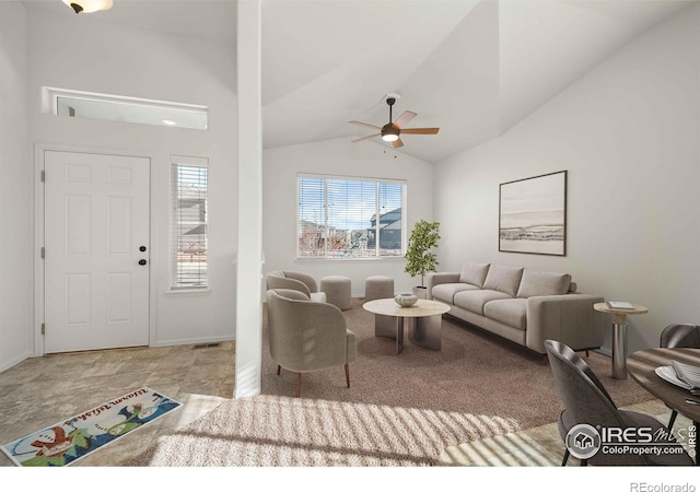 living room with lofted ceiling and ceiling fan