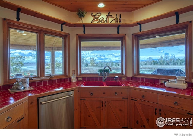 kitchen with sink, wooden ceiling, tile counters, and dishwasher