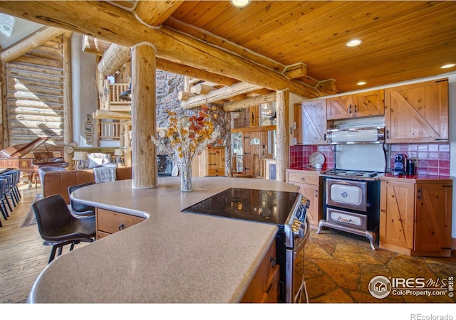 kitchen featuring log walls, stainless steel electric stove, wood ceiling, backsplash, and stove