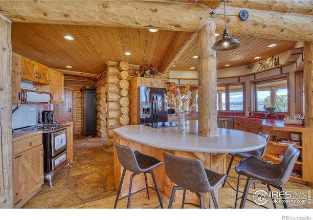 kitchen featuring wooden ceiling, beamed ceiling, rustic walls, black fridge with ice dispenser, and stainless steel dishwasher