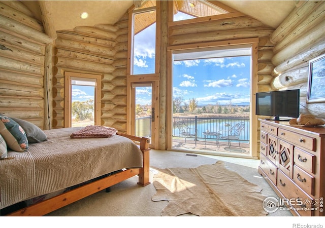 bedroom with access to outside, high vaulted ceiling, carpet floors, and log walls