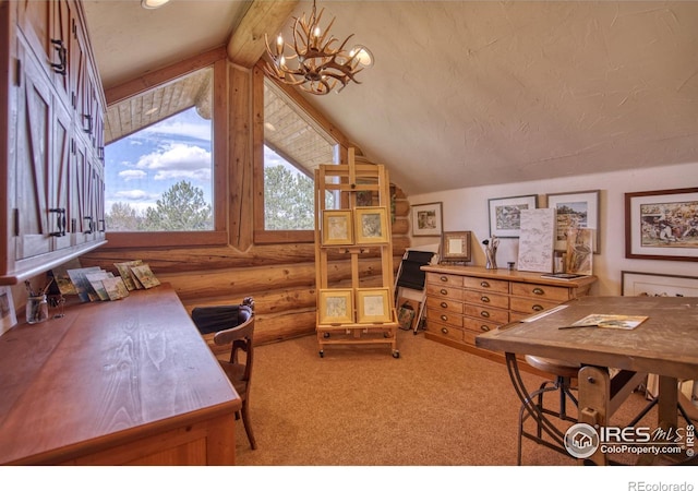 carpeted home office featuring log walls, a notable chandelier, and vaulted ceiling with beams