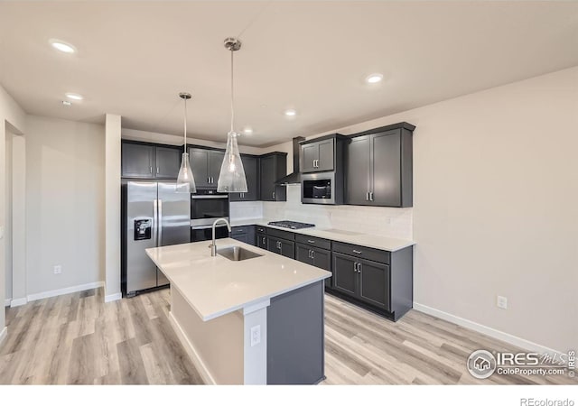 kitchen featuring appliances with stainless steel finishes, an island with sink, pendant lighting, sink, and tasteful backsplash