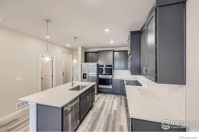 kitchen featuring stainless steel appliances, sink, an island with sink, decorative backsplash, and hanging light fixtures