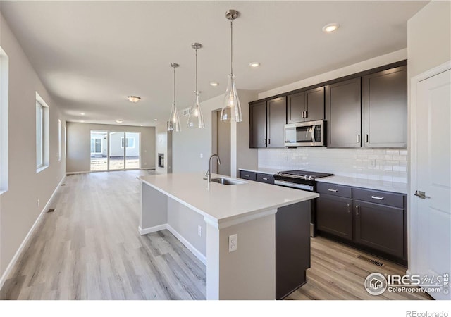 kitchen featuring pendant lighting, sink, appliances with stainless steel finishes, tasteful backsplash, and an island with sink