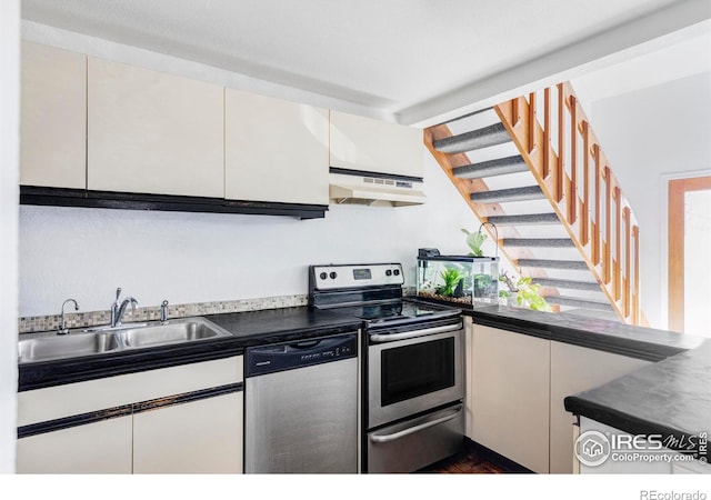 kitchen featuring appliances with stainless steel finishes, white cabinetry, and sink