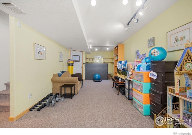 miscellaneous room featuring rail lighting and light carpet