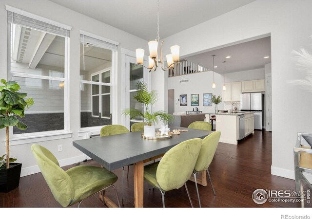 dining area with a chandelier, sink, and dark hardwood / wood-style floors