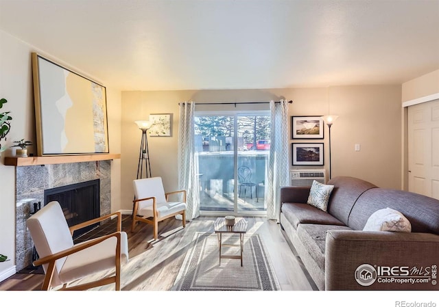 living room featuring hardwood / wood-style flooring and a premium fireplace