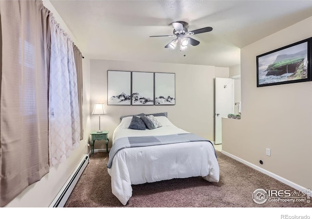 carpeted bedroom featuring ceiling fan and baseboard heating