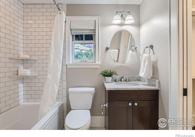 full bathroom with toilet, shower / bath combo, and vanity