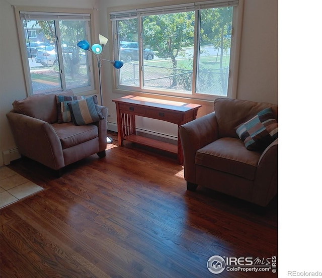 living room with a baseboard radiator and dark hardwood / wood-style floors