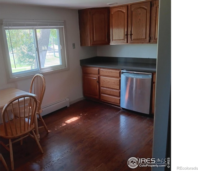 kitchen with a baseboard heating unit, dark wood-type flooring, and stainless steel dishwasher